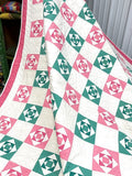 PINK & GREEN c 1930s Small Scale Squares QUILT Vintage SUPER LARGE Crisp