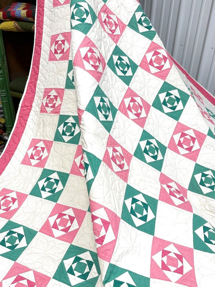 PINK & GREEN c 1930s Small Scale Squares QUILT Vintage SUPER LARGE Crisp