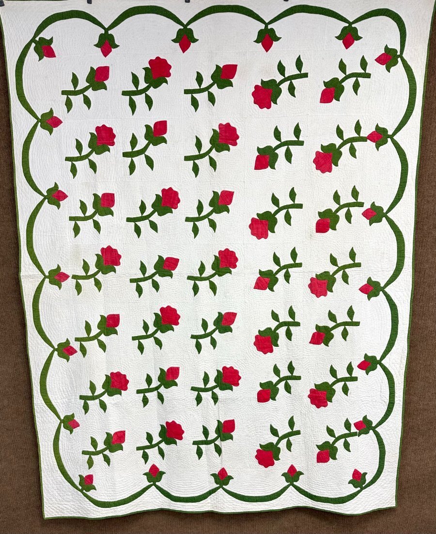 OUTSTANDING Quilting! c 1850s New York Beauty Rose QUILT Antique w/note History