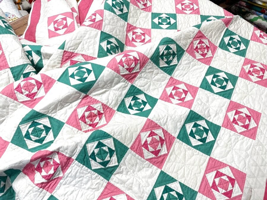 PINK & GREEN c 1930s Small Scale Squares QUILT Vintage SUPER LARGE Crisp