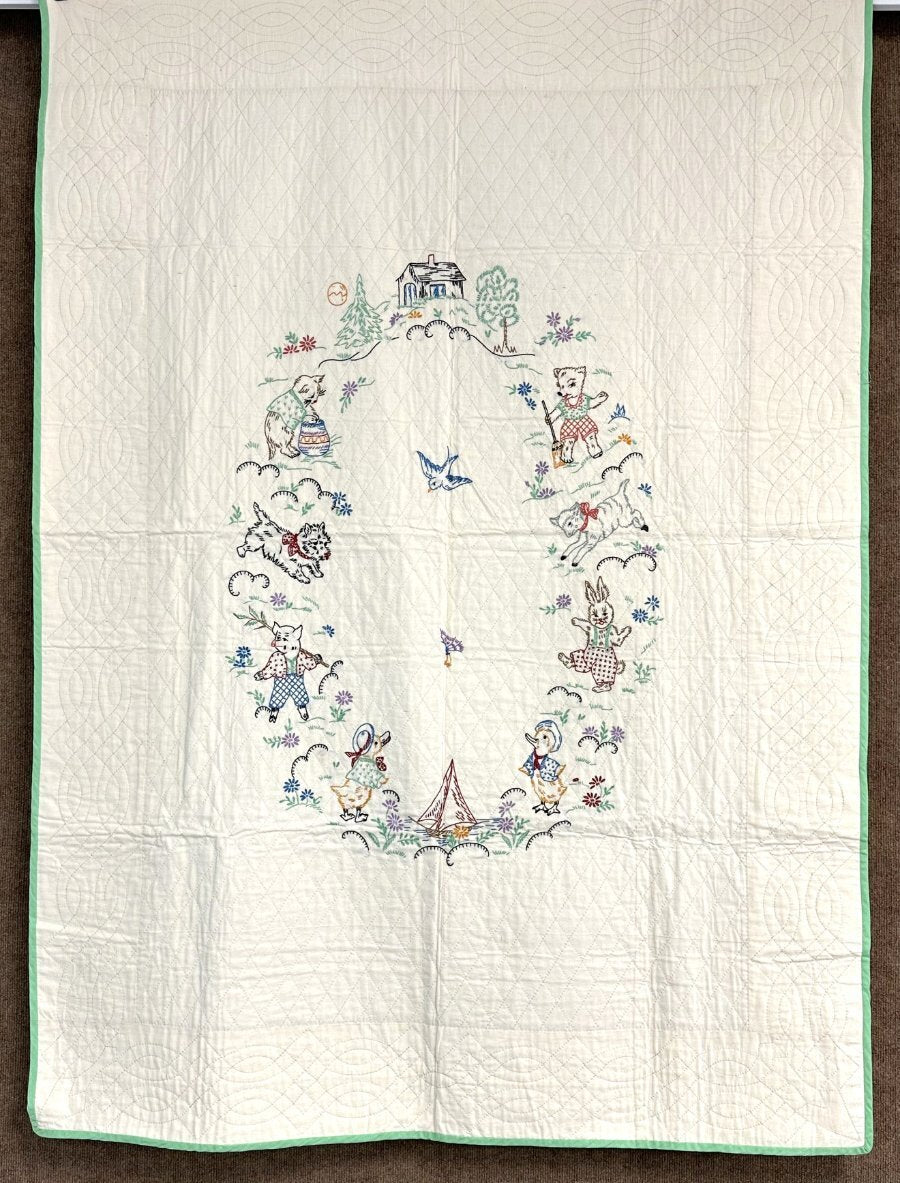 Darling! PA 1930s Embroidered CRIB Quilt Vintage Never Used!
