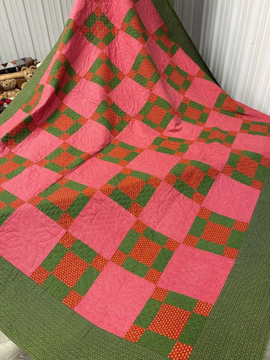 Early! c 1870s PA Puss in The Corners QUILT Antique Over Dye Green Crisp