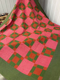Early! c 1870s PA Puss in The Corners QUILT Antique Over Dye Green Crisp