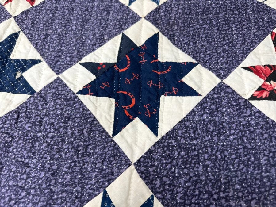 Rare Purple! c 1870-1880s Touching Stars QUILT Antique Never Used