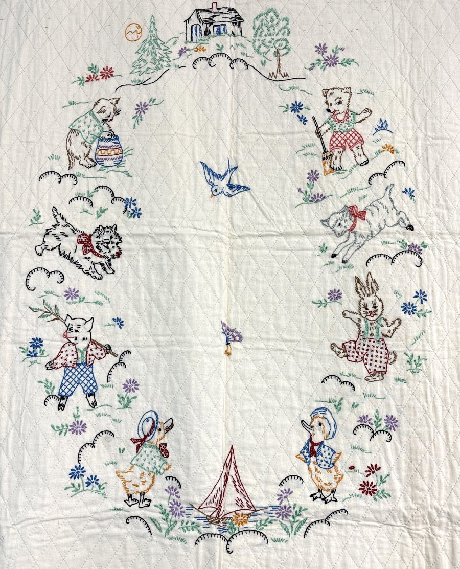 Darling! PA 1930s Embroidered CRIB Quilt Vintage Never Used!