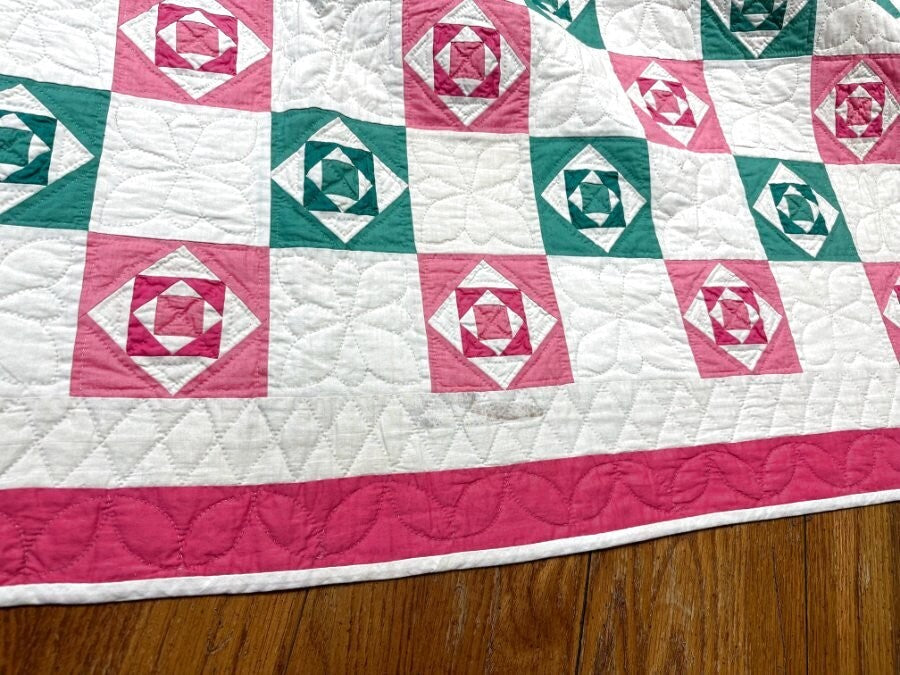 PINK & GREEN c 1930s Small Scale Squares QUILT Vintage SUPER LARGE Crisp