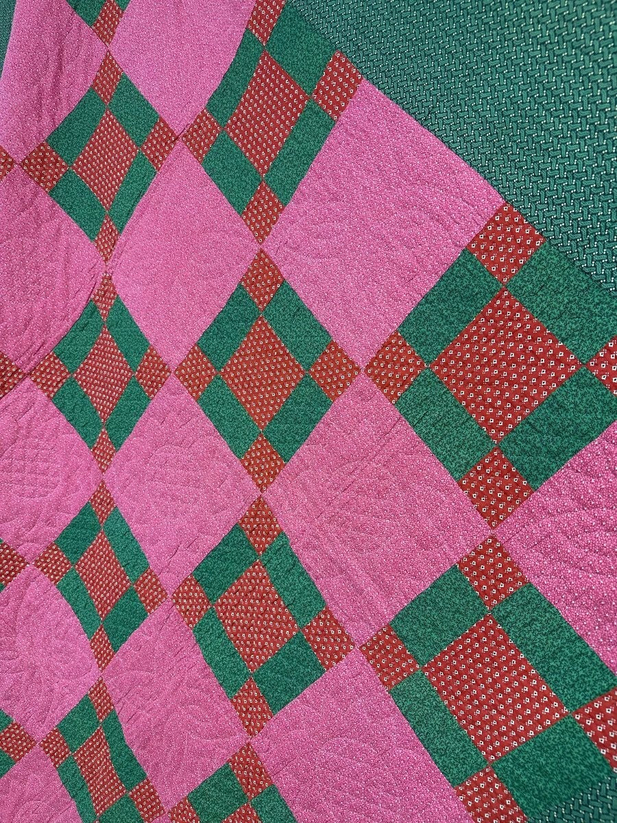 Early! c 1870s PA Puss in The Corners QUILT Antique Over Dye Green Crisp
