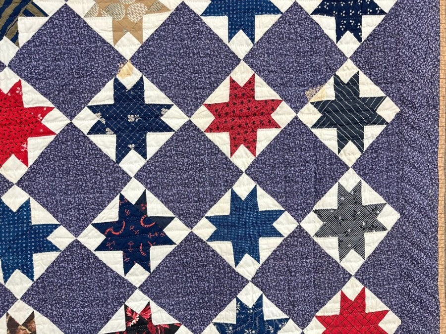 Rare Purple! c 1870-1880s Touching Stars QUILT Antique Never Used