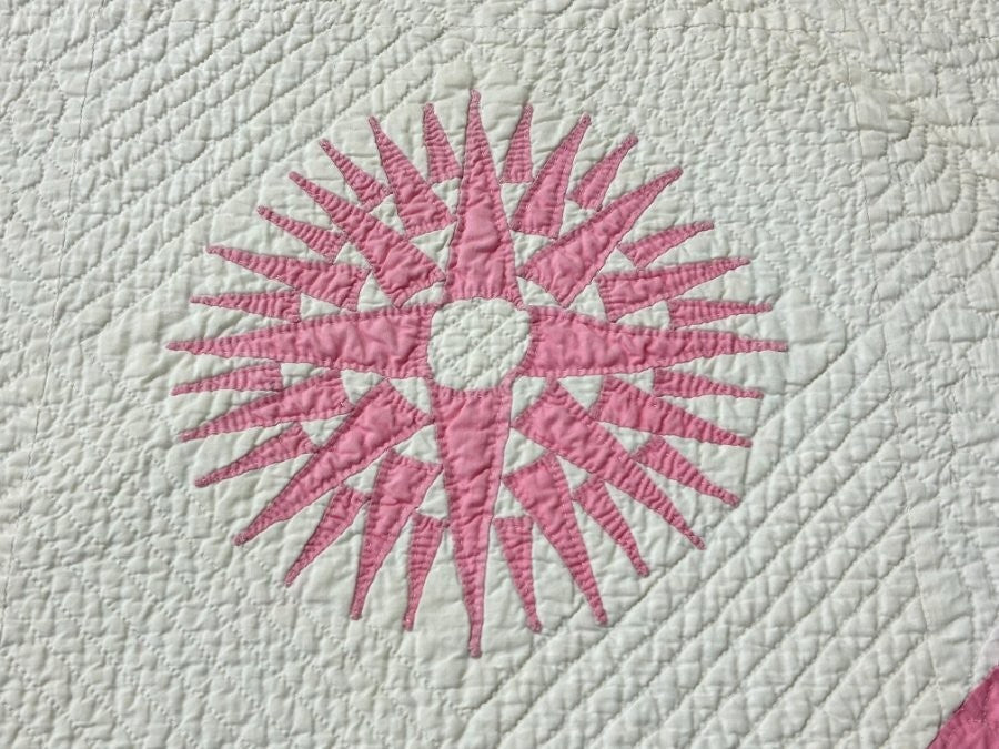 Quilting Masterpiece! c 1920s Sunburst Compass QUILT Antique Pink Finest Work