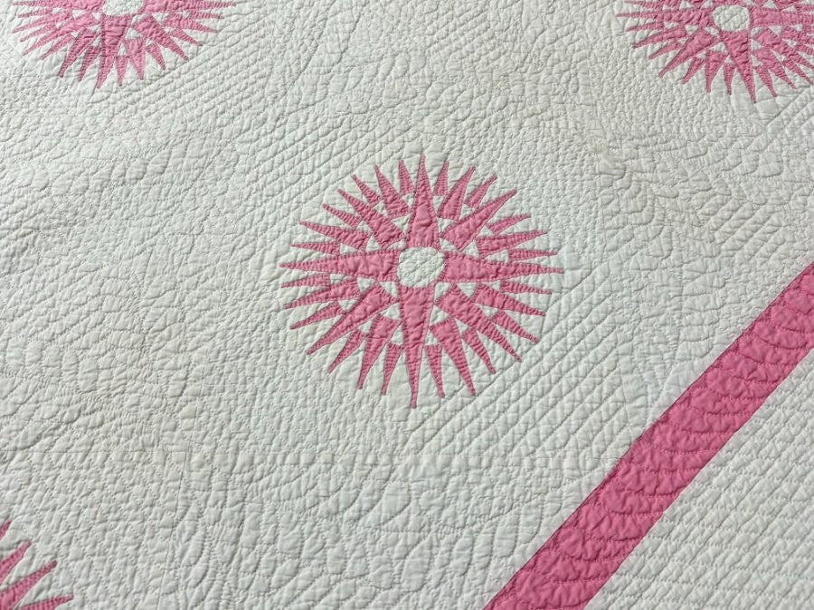 Quilting Masterpiece! c 1920s Sunburst Compass QUILT Antique Pink Finest Work