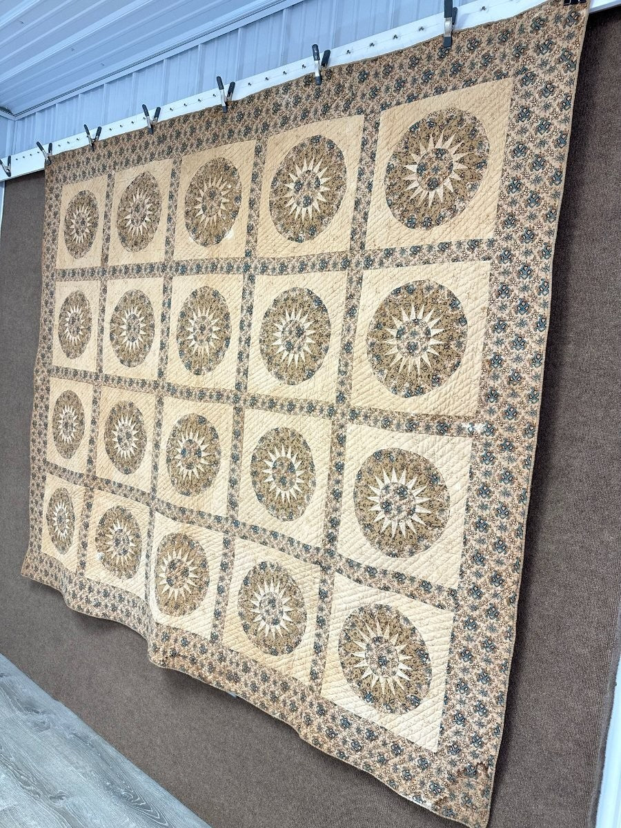 Important c 1830-40s Sunburst Compass Chintz QUILT Antique Prussian Blue