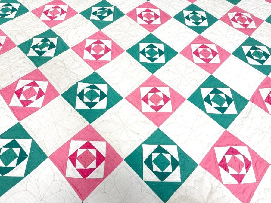 PINK & GREEN c 1930s Small Scale Squares QUILT Vintage SUPER LARGE Crisp