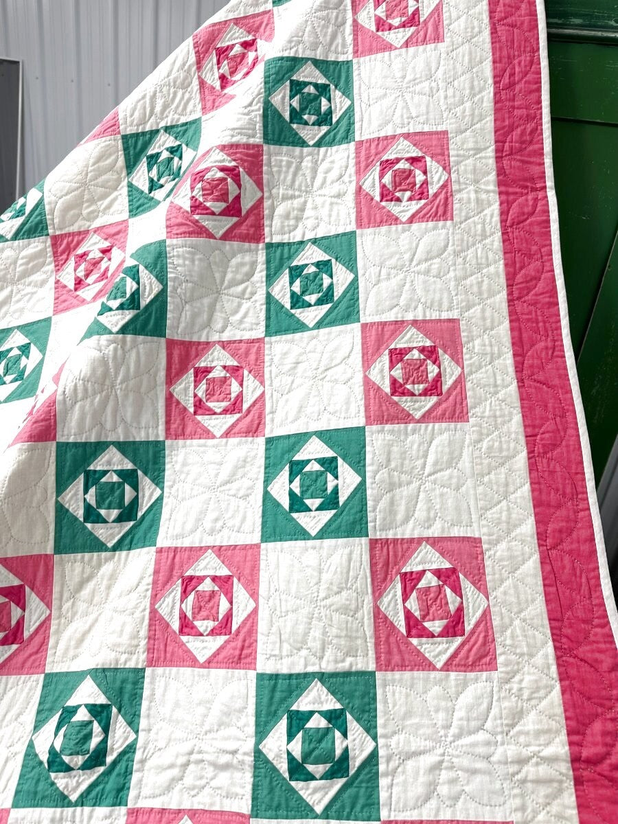 PINK & GREEN c 1930s Small Scale Squares QUILT Vintage SUPER LARGE Crisp