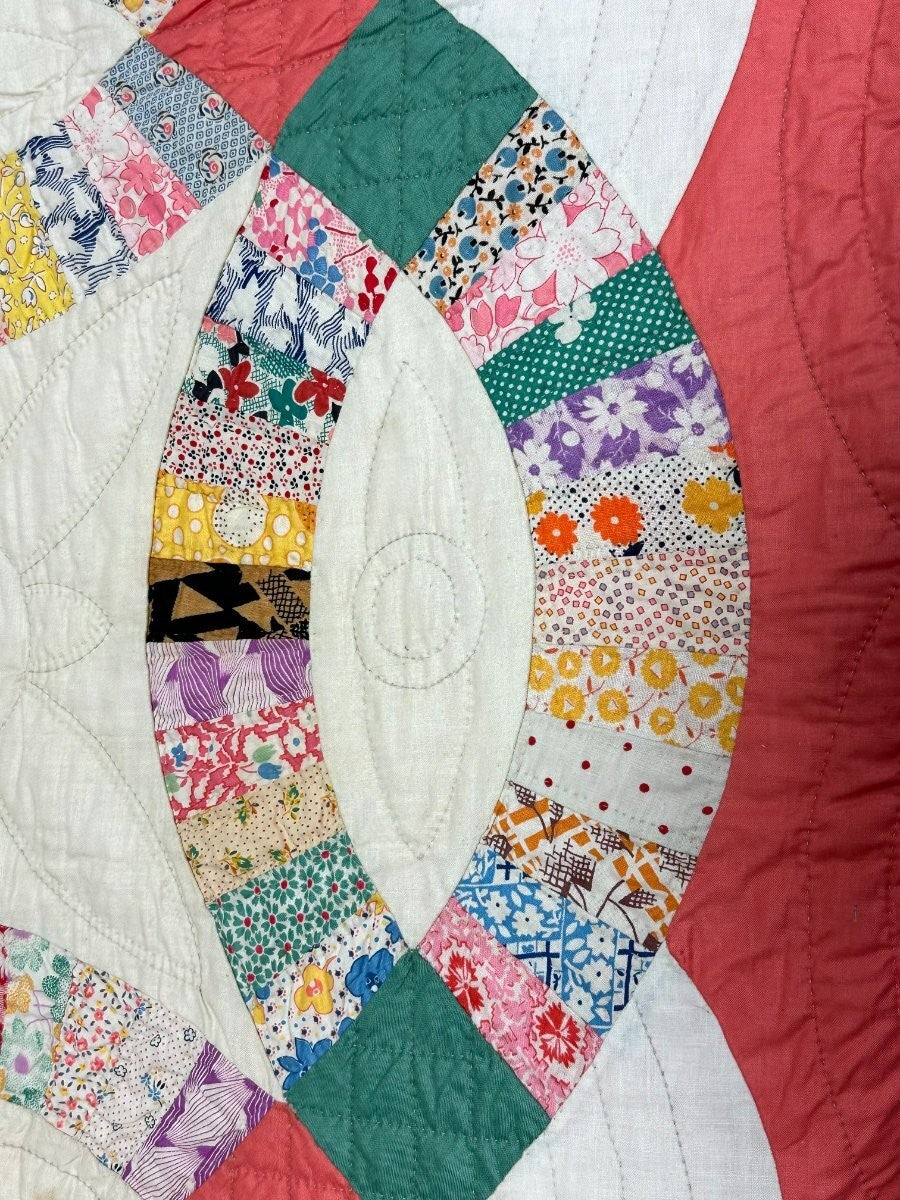 PAIR c 1930s Double Wedding Ring QUILT s Vintage Pink Sisters Good Family Lancas
