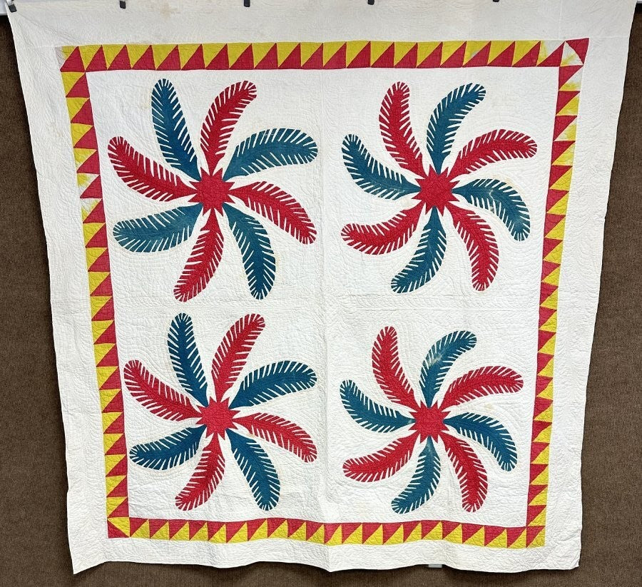 Lush Quilting! c 1850-60s PA Princess Feather APPLIQUE Antique Quilt
