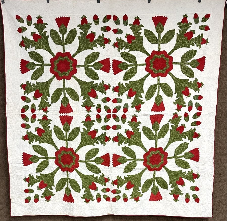 Show Stopper! c 1870-90s Whig Rose 4 Block QUILT Antique Hearts RARE