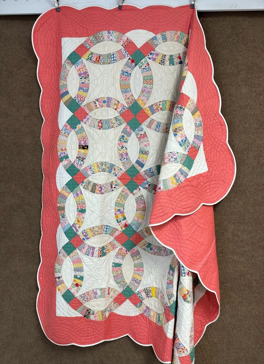 PAIR c 1930s Double Wedding Ring QUILT s Vintage Pink Sisters Good Family Lancas