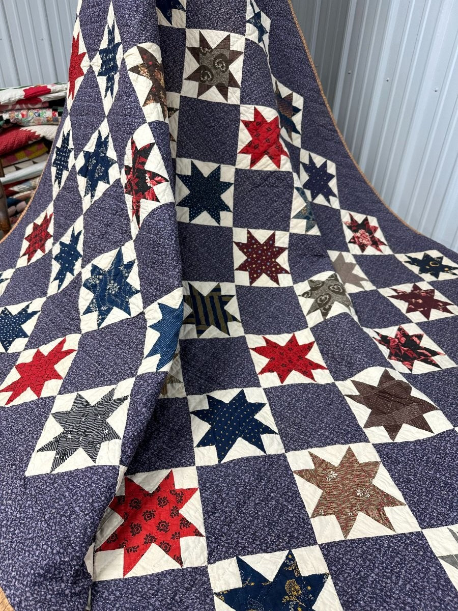 Rare Purple! c 1870-1880s Touching Stars QUILT Antique Never Used
