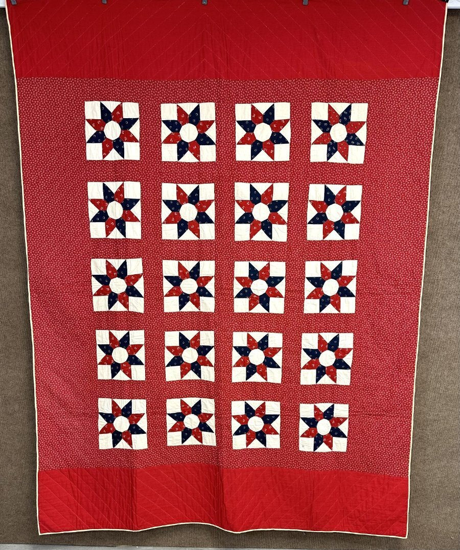 Star Spangled! c 1900s Red White Blue Star QUILT Antique Never Used!