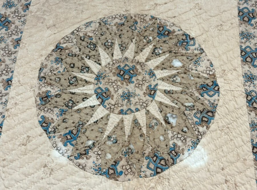 Important c 1830-40s Sunburst Compass Chintz QUILT Antique Prussian Blue
