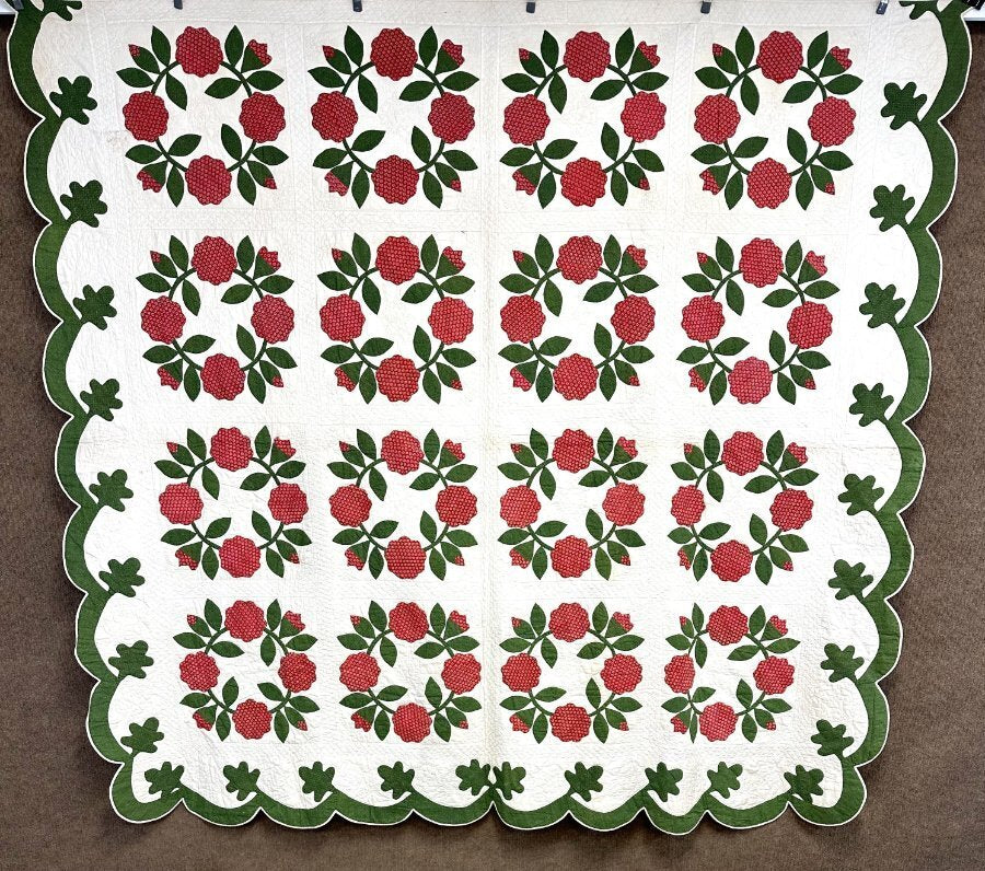 Important! c 1840-50s Album Wreath QUILT Applique Antique Red Green New Jersey