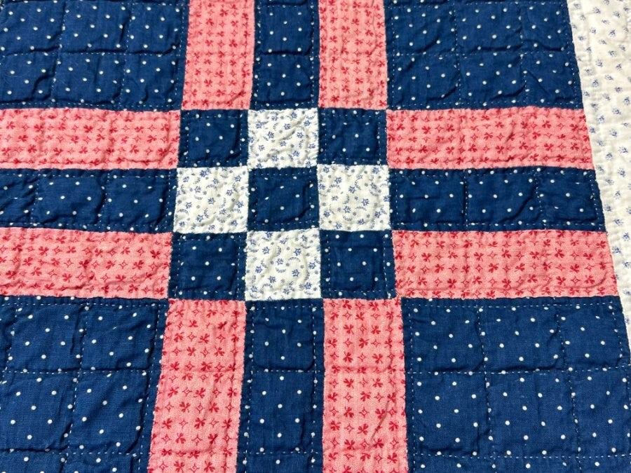 Indigo blue! c 1890s Postage Stamp Bars QUILT Antique