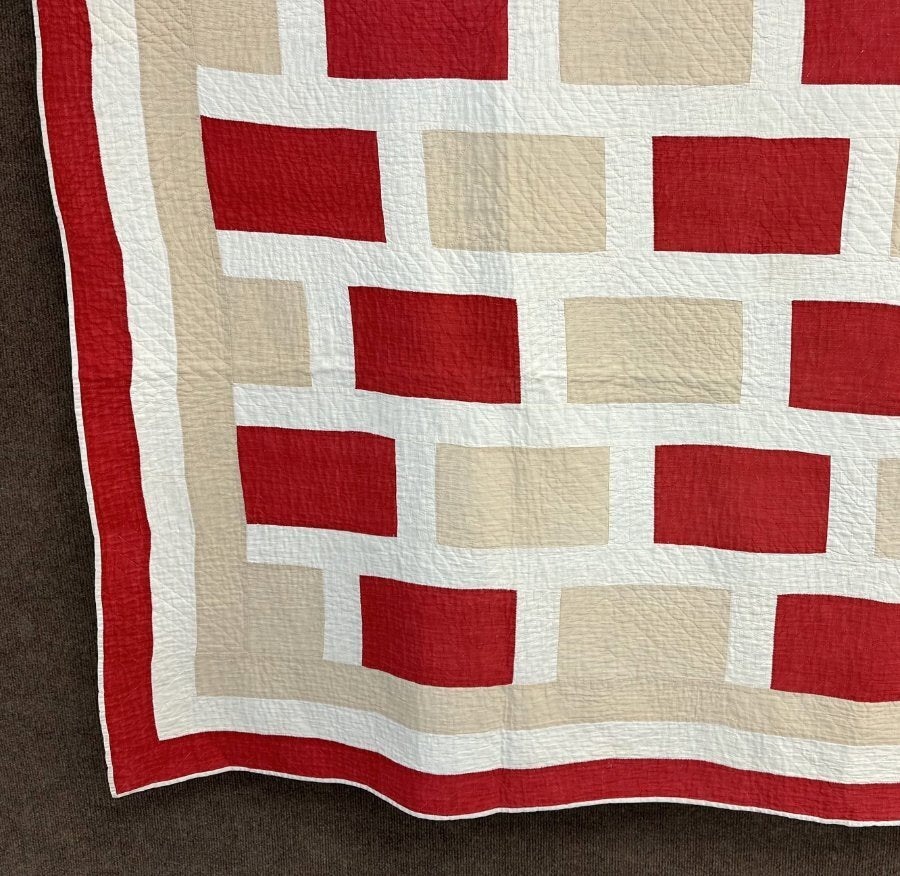 GRAPHIC c 1890-1900 PA Brick Wall QUILT Antique Turkey Red
