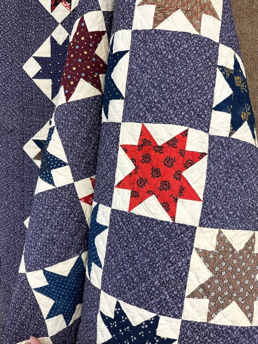 Rare Purple! c 1870-1880s Touching Stars QUILT Antique Never Used