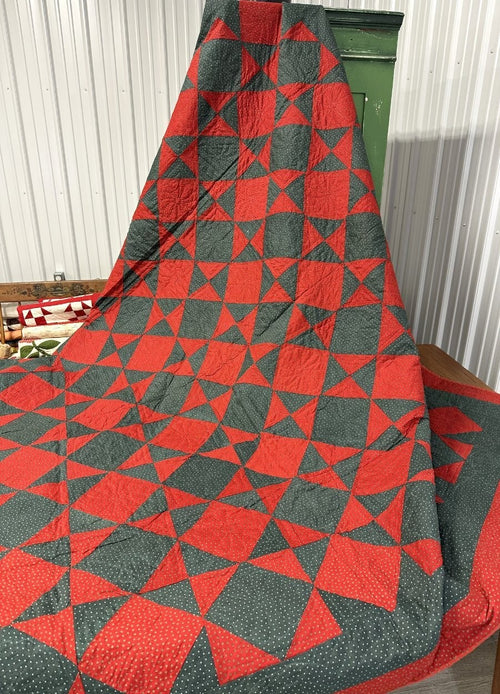 BEST of BEST c 1890-1900 PA Touching Stars QUILT Antique Red Green Never Used!