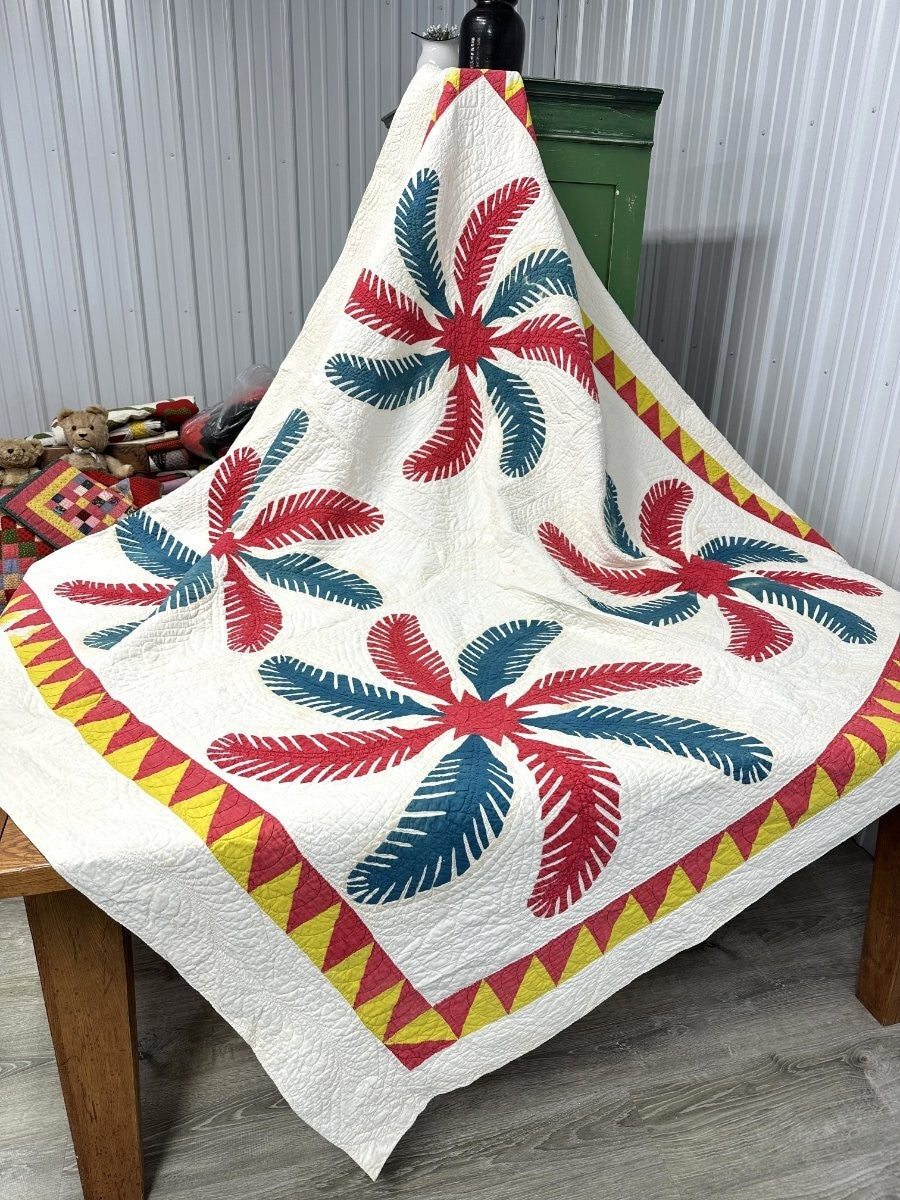 Lush Quilting! c 1850-60s PA Princess Feather APPLIQUE Antique Quilt