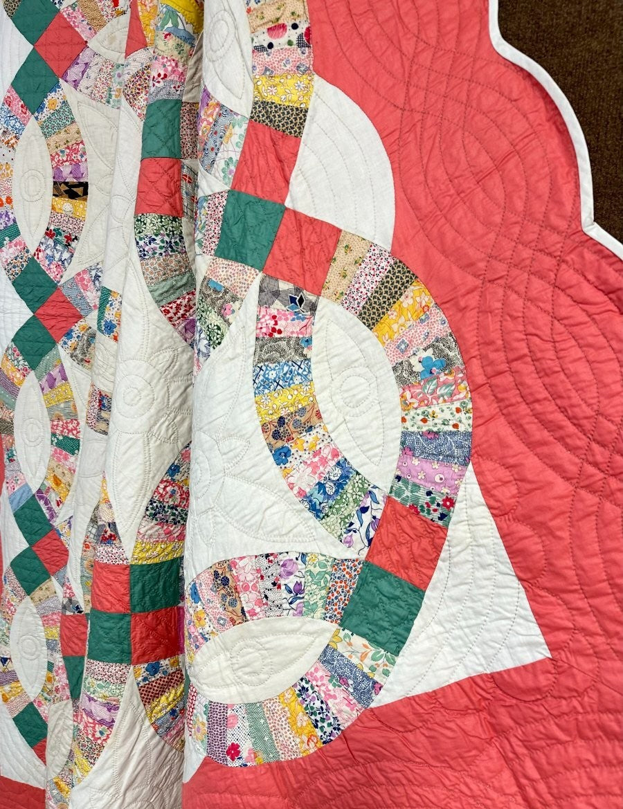 PAIR c 1930s Double Wedding Ring QUILT s Vintage Pink Sisters Good Family Lancas
