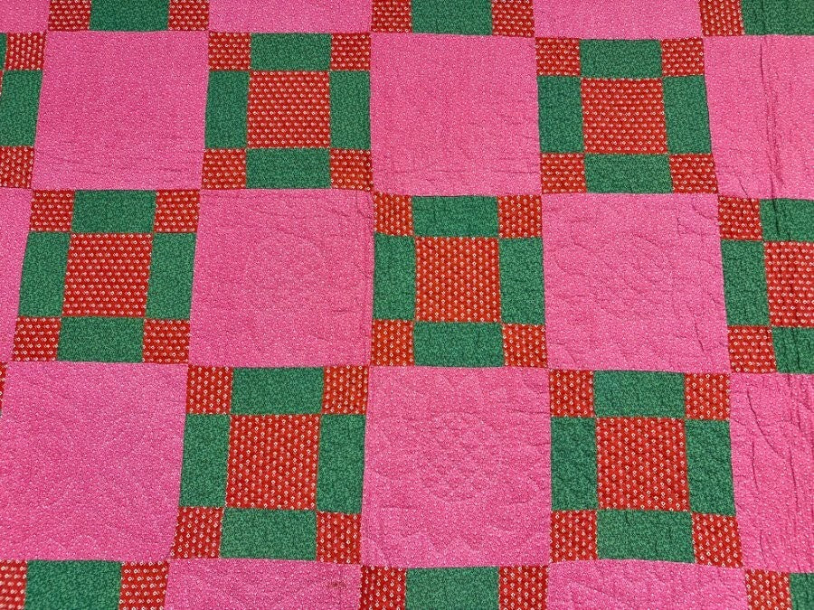Early! c 1870s PA Puss in The Corners QUILT Antique Over Dye Green Crisp