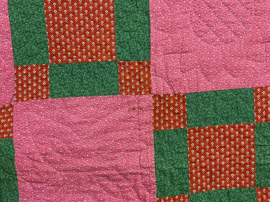 Early! c 1870s PA Puss in The Corners QUILT Antique Over Dye Green Crisp