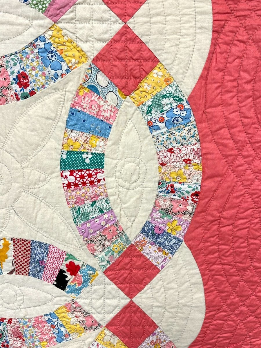 PAIR c 1930s Double Wedding Ring QUILT s Vintage Pink Sisters Good Family Lancas