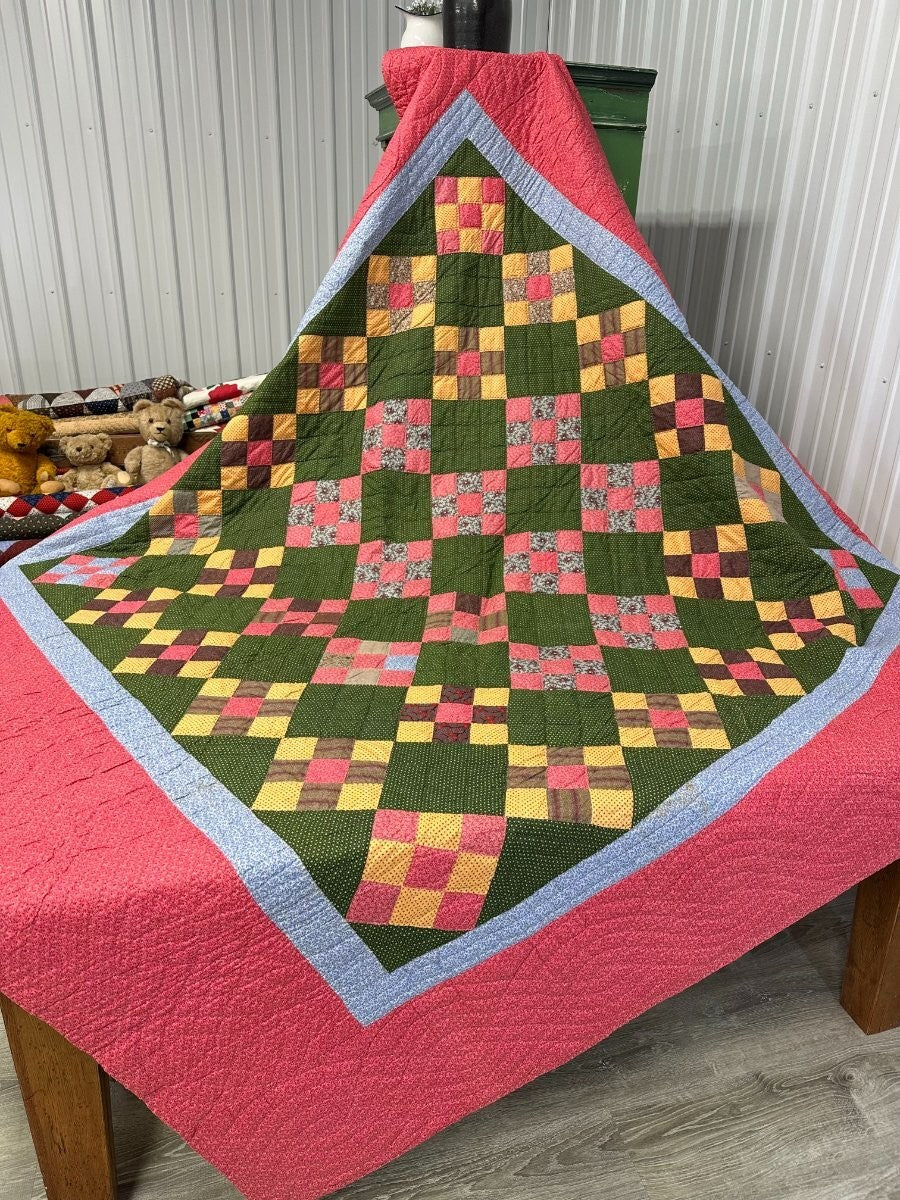 Rich! c 1880-90s PA Nine Patch QUILT  Antique Crisp Large Size