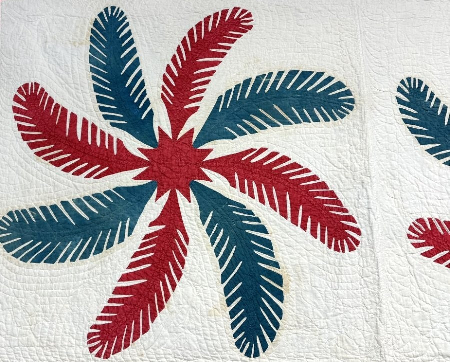 Lush Quilting! c 1850-60s PA Princess Feather APPLIQUE Antique Quilt