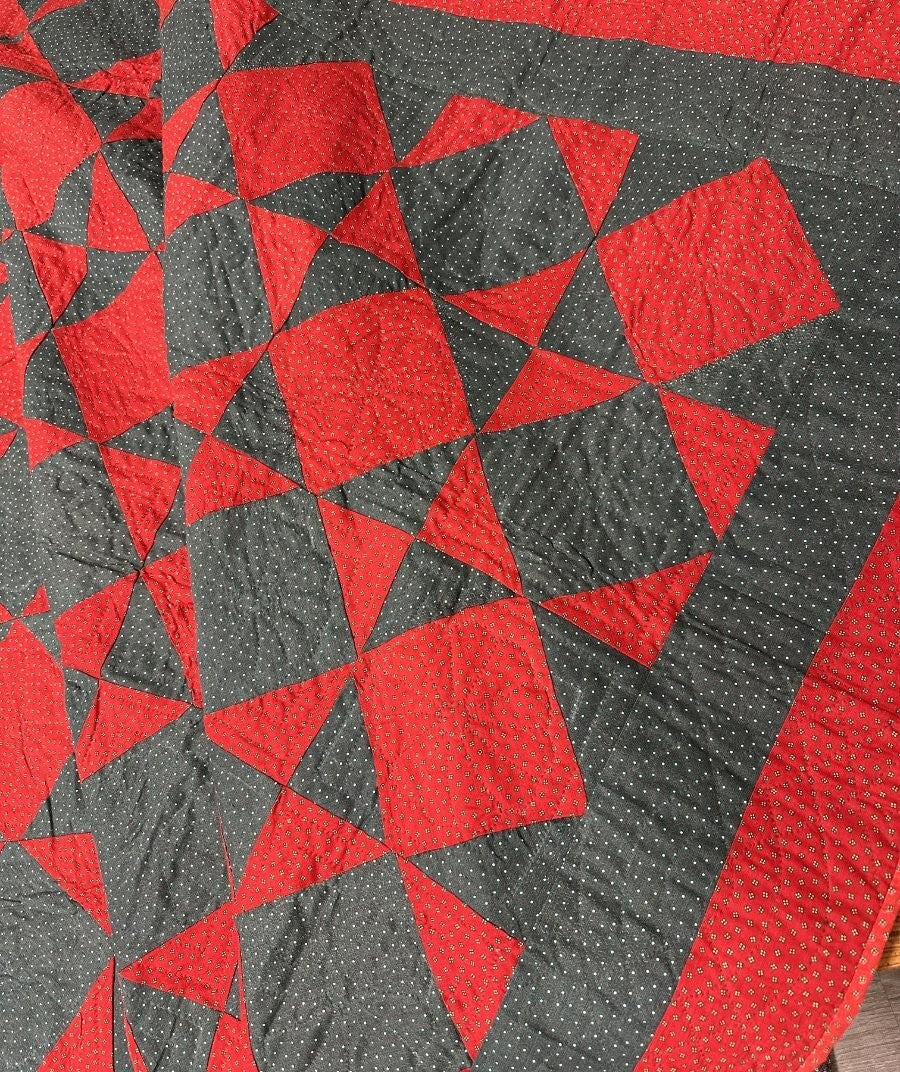BEST of BEST c 1890-1900 PA Touching Stars QUILT Antique Red Green Never Used!