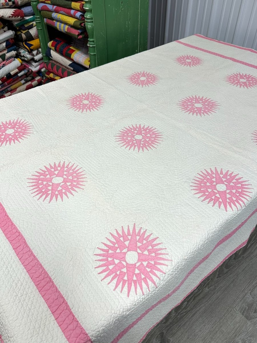 Quilting Masterpiece! c 1920s Sunburst Compass QUILT Antique Pink Finest Work