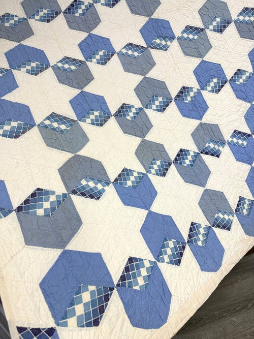 Blue! c 1930s Tumbling Blocks QUILT Vintage w/ Picture of Maker!