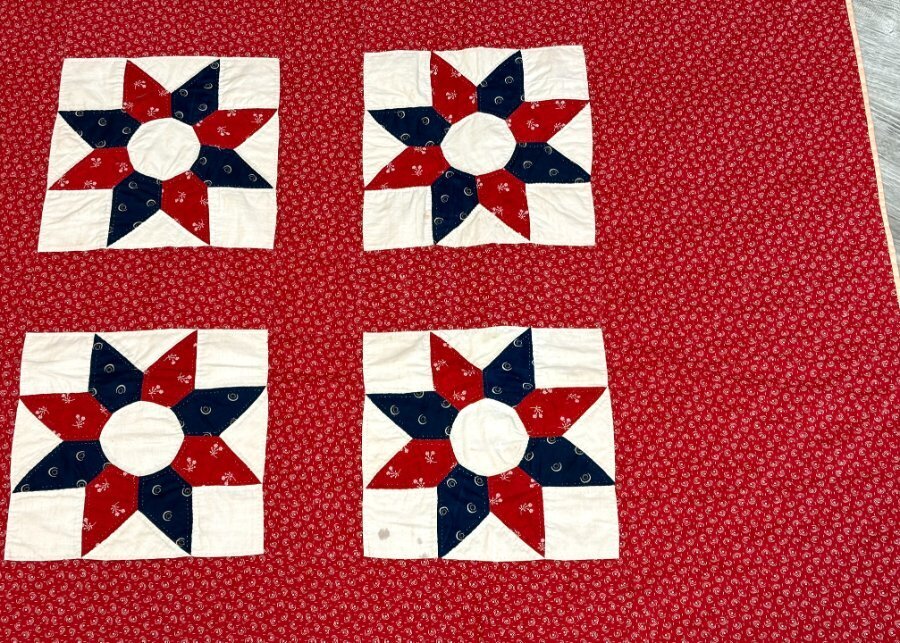 Star Spangled! c 1900s Red White Blue Star QUILT Antique Never Used!