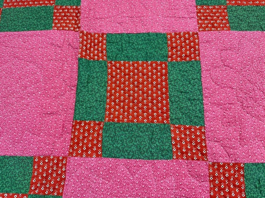 Early! c 1870s PA Puss in The Corners QUILT Antique Over Dye Green Crisp