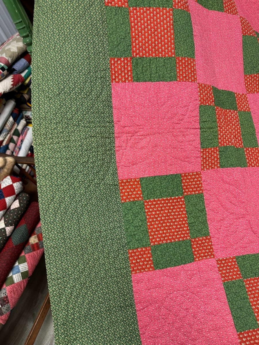 Early! c 1870s PA Puss in The Corners QUILT Antique Over Dye Green Crisp