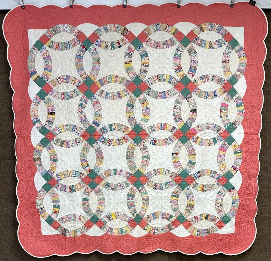 PAIR c 1930s Double Wedding Ring QUILT s Vintage Pink Sisters Good Family Lancas