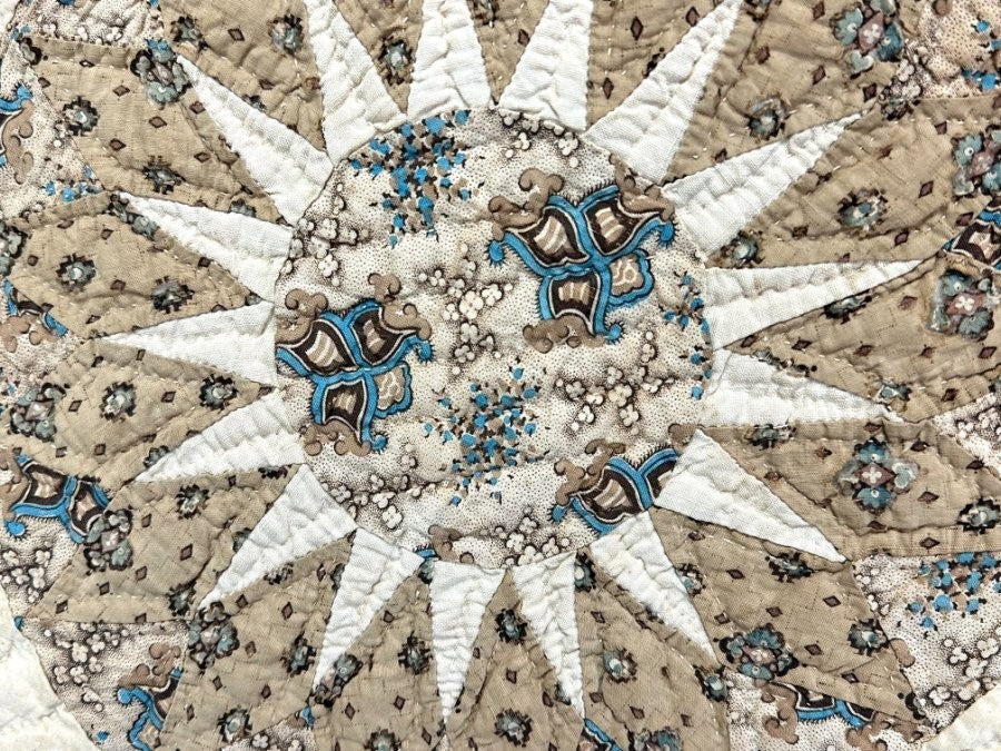 Important c 1830-40s Sunburst Compass Chintz QUILT Antique Prussian Blue