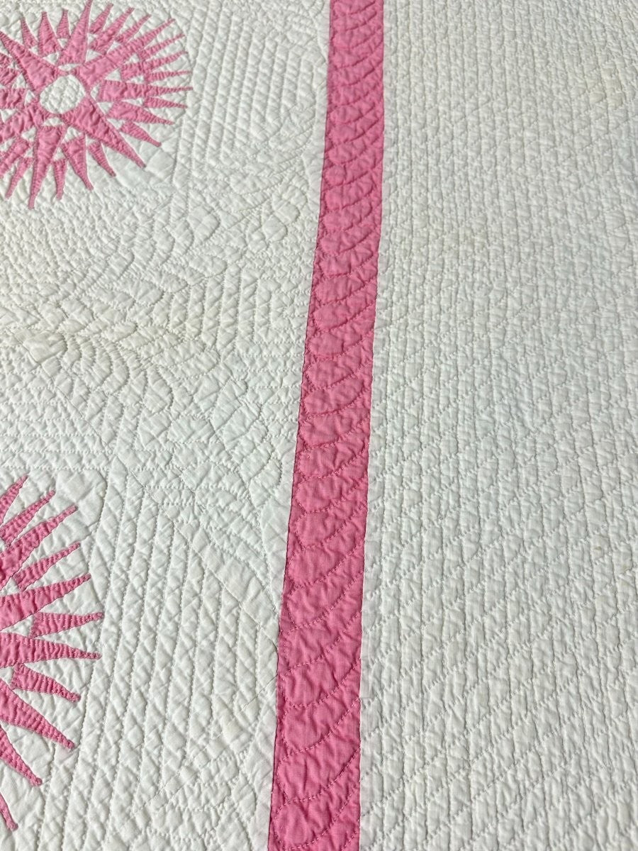 Quilting Masterpiece! c 1920s Sunburst Compass QUILT Antique Pink Finest Work
