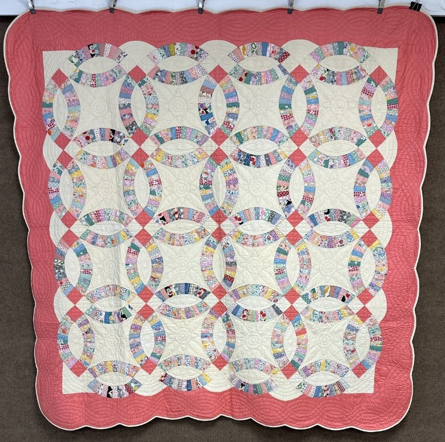 PAIR c 1930s Double Wedding Ring QUILT s Vintage Pink Sisters Good Family Lancas
