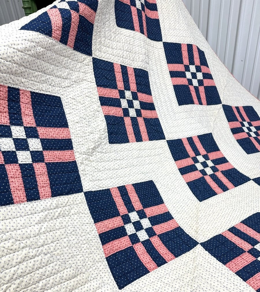Indigo blue! c 1890s Postage Stamp Bars QUILT Antique