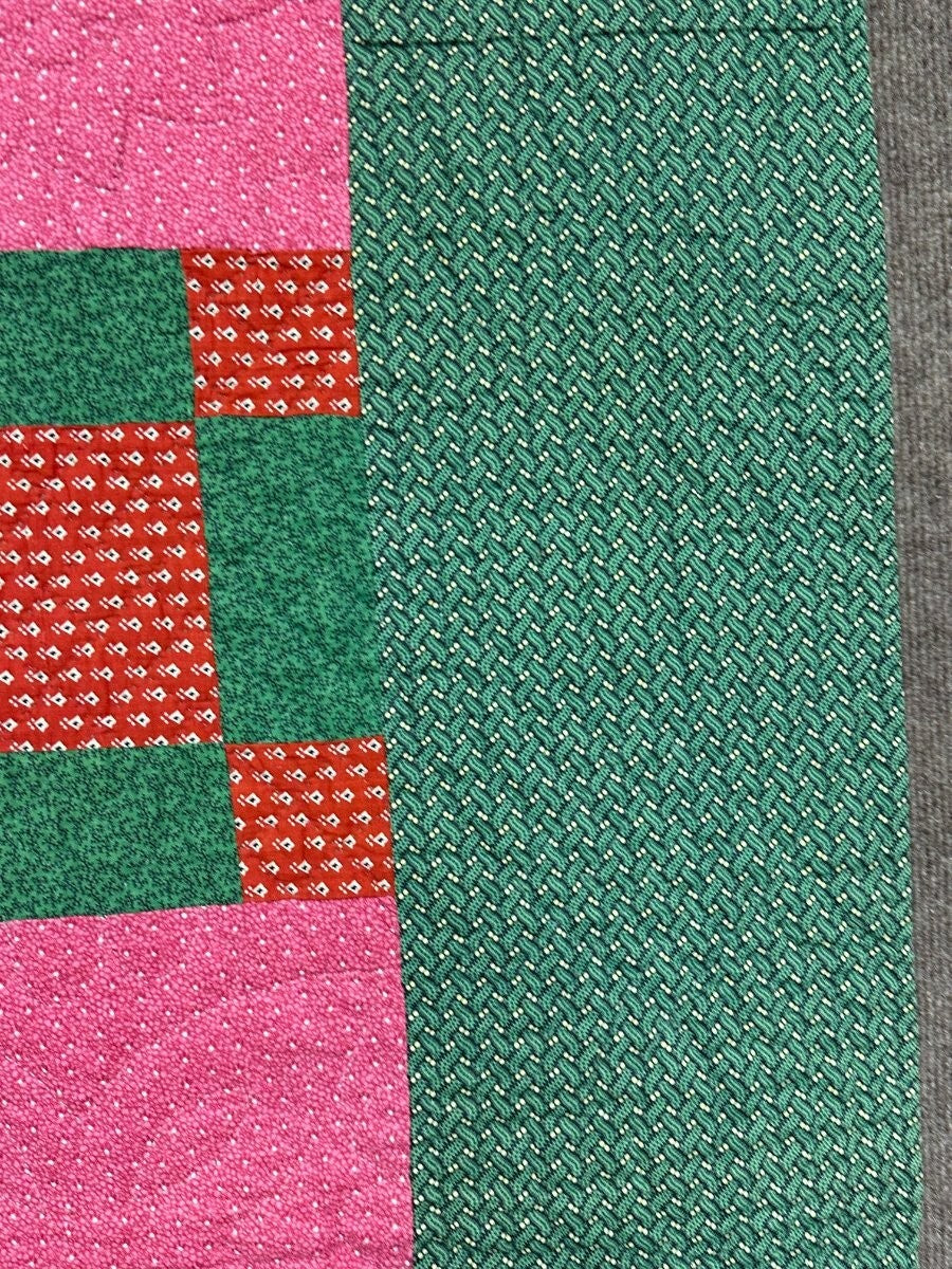 Early! c 1870s PA Puss in The Corners QUILT Antique Over Dye Green Crisp
