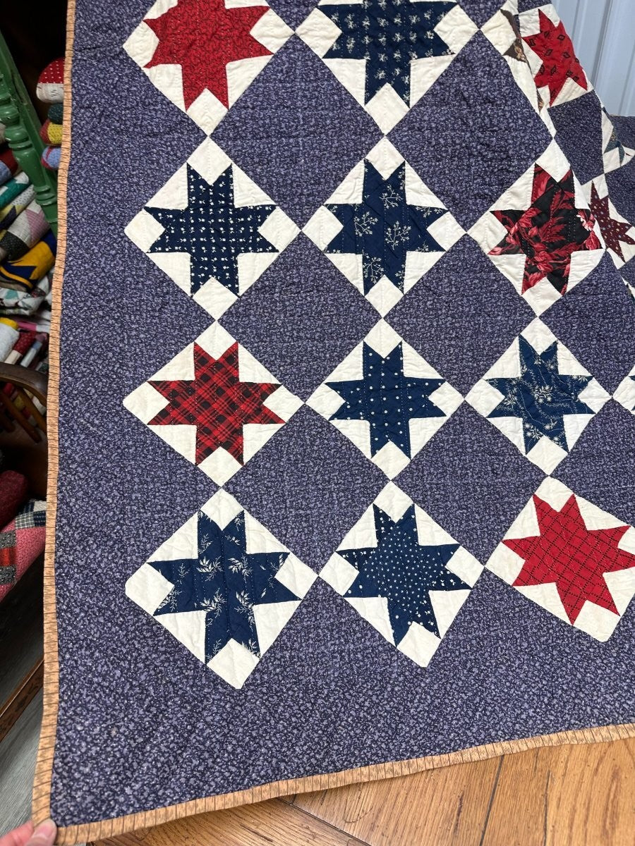 Rare Purple! c 1870-1880s Touching Stars QUILT Antique Never Used