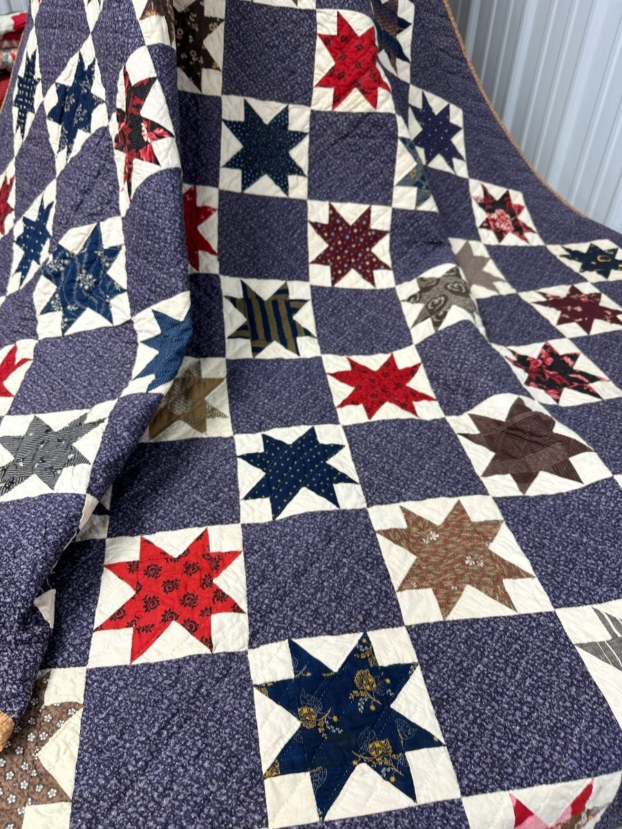 Rare Purple! c 1870-1880s Touching Stars QUILT Antique Never Used